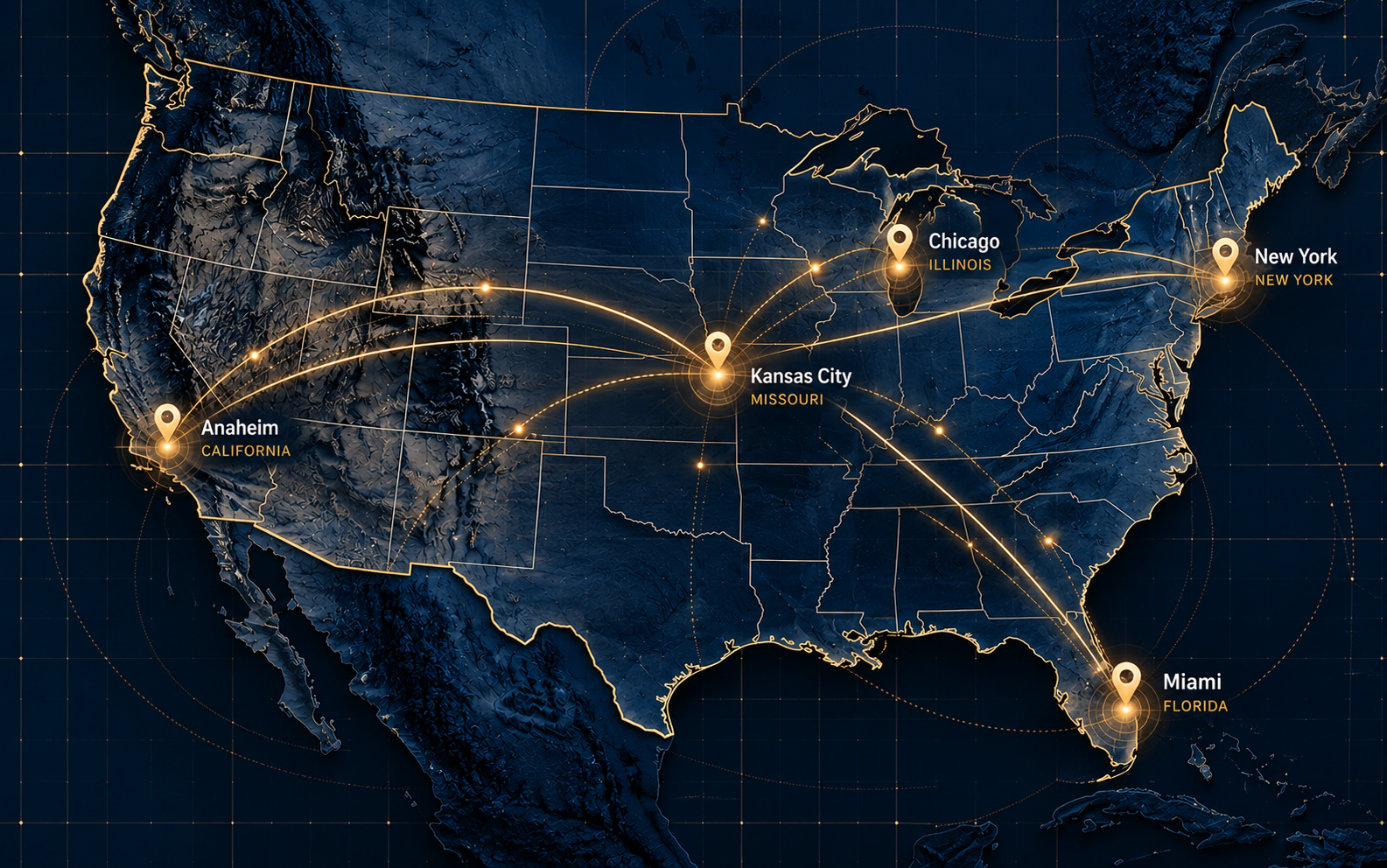 United States distribution network showing Latam Global Trading locations in Anaheim, Kansas City, Miami, Chicago, and New York